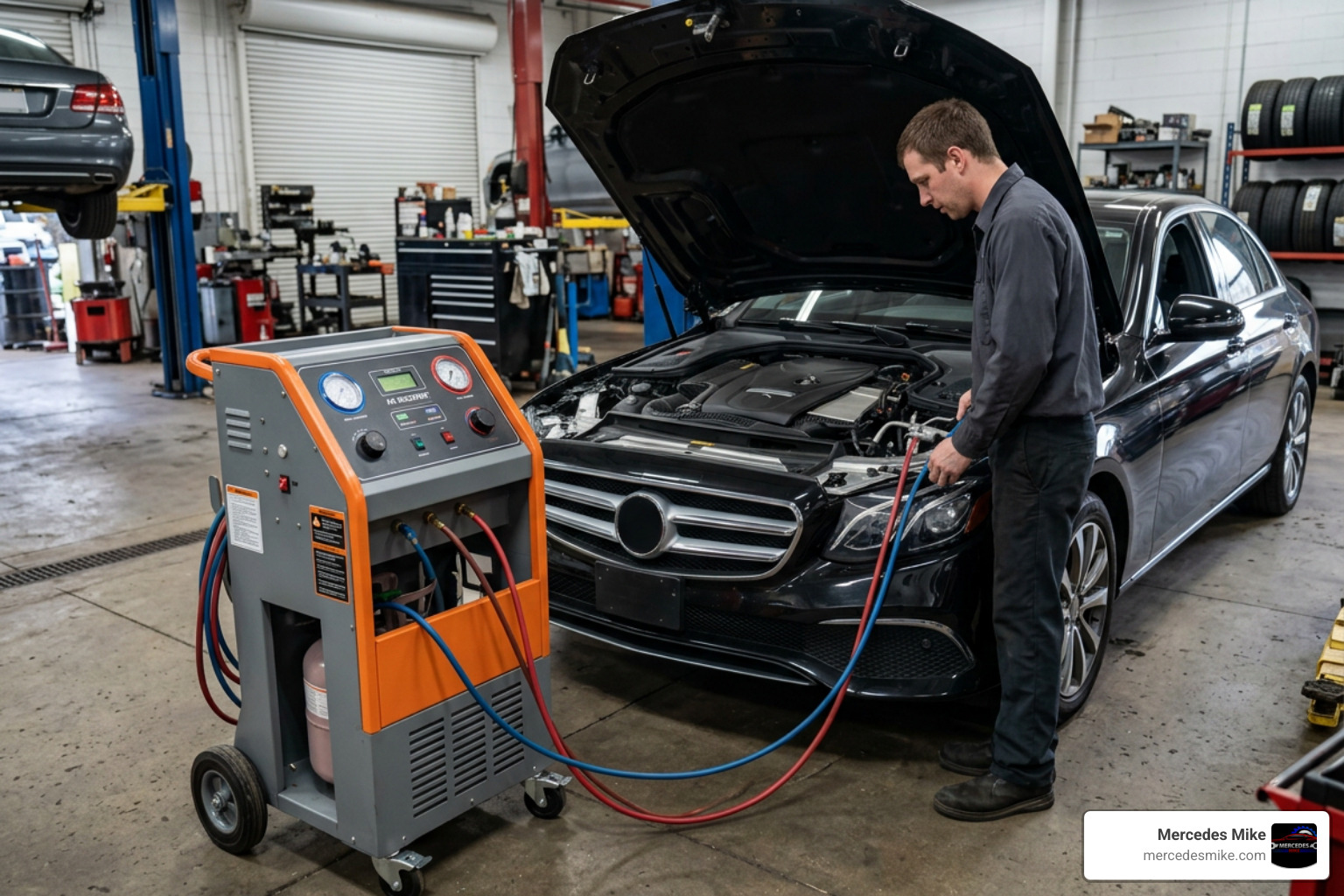 Specialized AC recovery machine connected to a German car