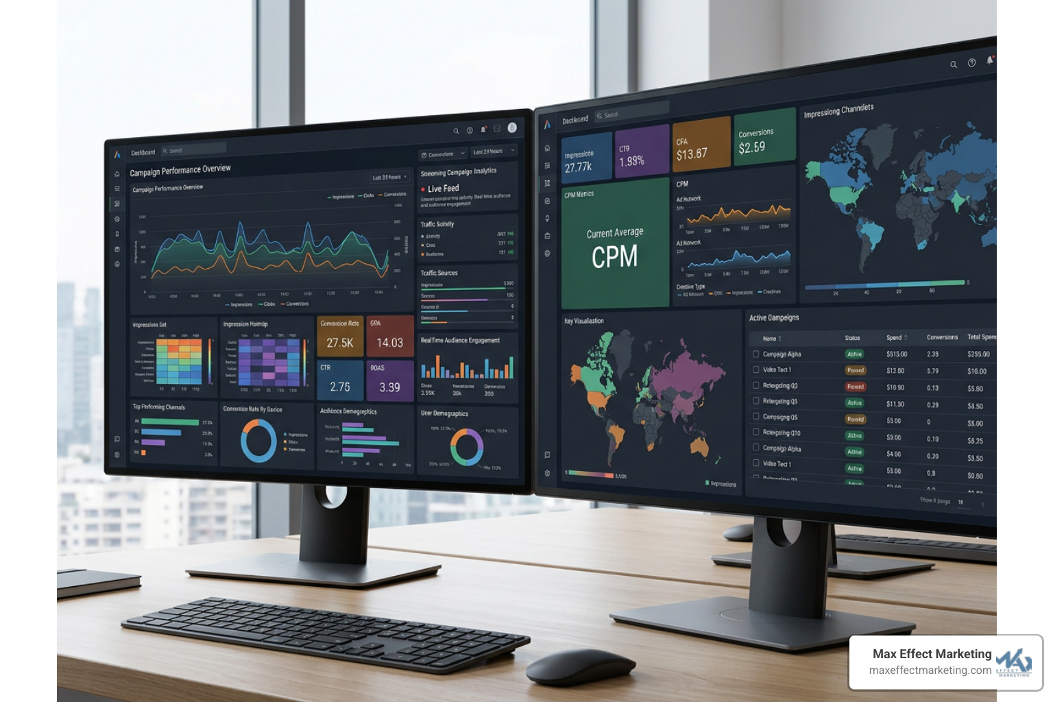 A modern digital marketing dashboard displaying real-time streaming campaign analytics and CPM metrics A modern digital marketing dashboard displaying real-time streaming campaign analytics and CPM metrics