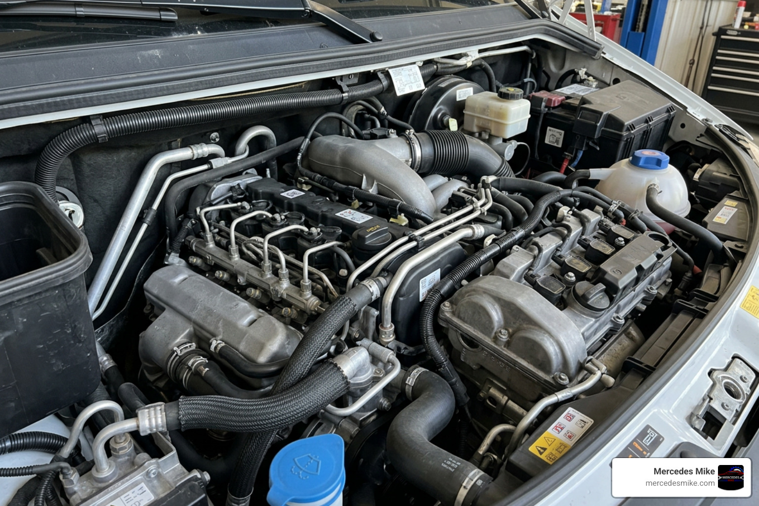 Mercedes-Benz Sprinter engine bay showing diesel and gas components