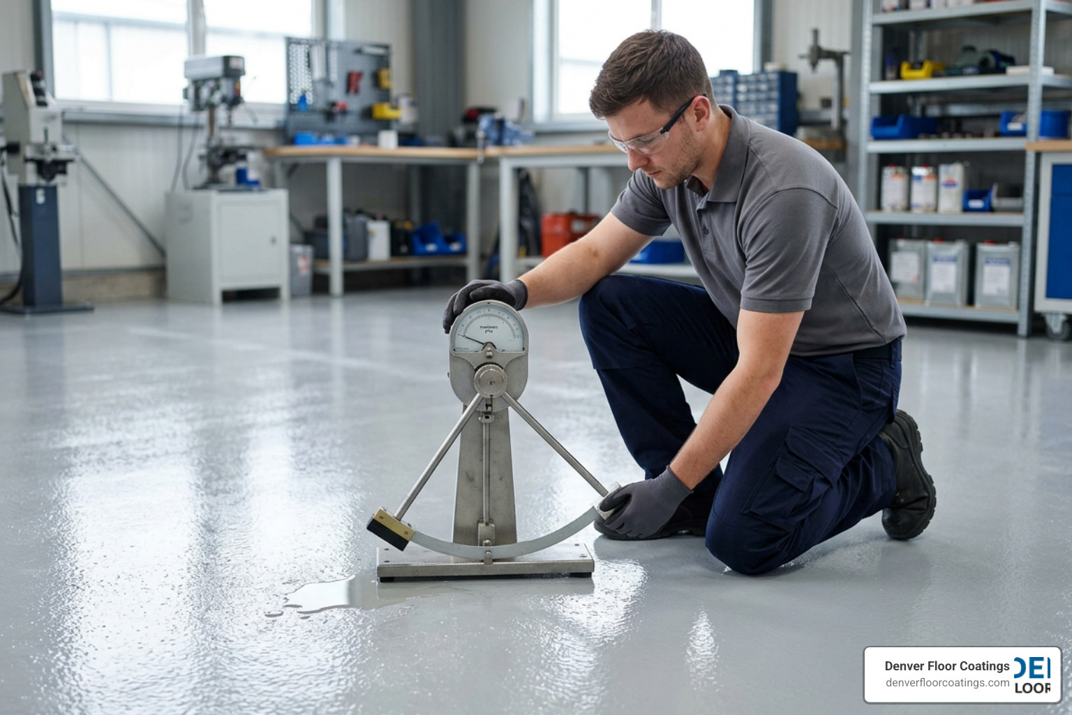A technician performing a pendulum slip resistance test on a coated concrete floor A technician performing a pendulum slip resistance test on a coated concrete floor