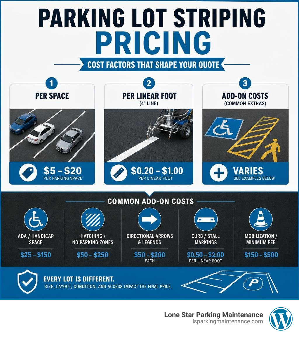 Parking lot striping pricing cost factors infographic showing per-space, per-linear-foot, and add-on costs infographic Parking lot striping pricing cost factors infographic showing per-space, per-linear-foot, and add-on costs infographic