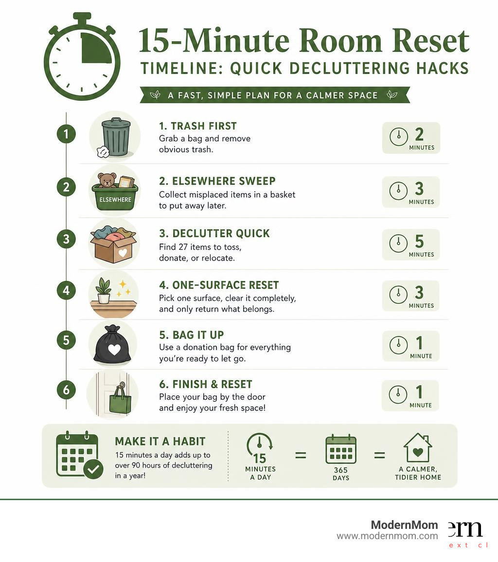 15-minute room reset timeline with quick decluttering hacks steps and time breakdown infographic 15-minute room reset timeline with quick decluttering hacks steps and time breakdown infographic