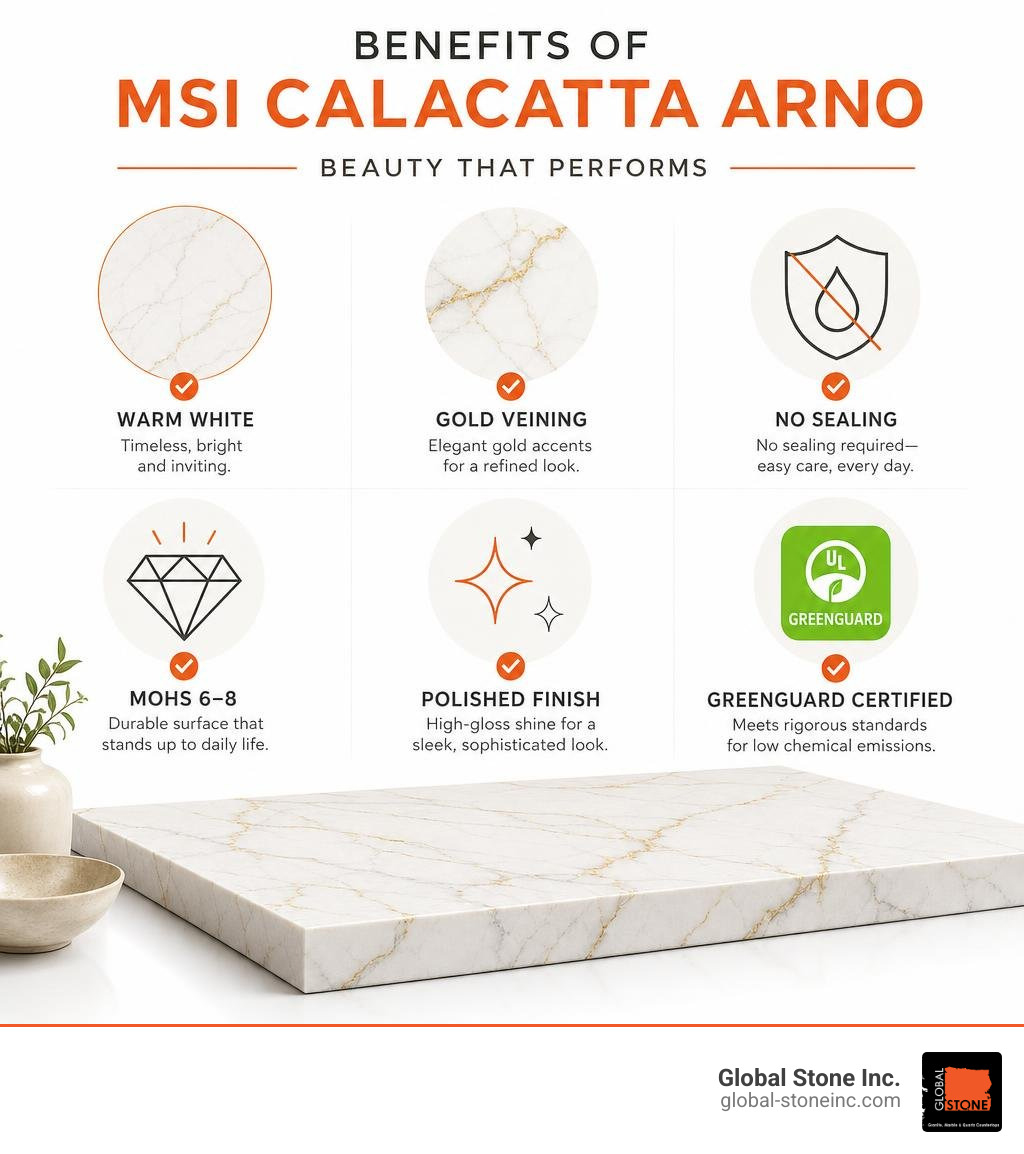 Benefits of MSI Calacatta Arno quartz infographic: warm white color, gold veining, no sealing, Mohs 6-8, polished finish Benefits of MSI Calacatta Arno quartz infographic: warm white color, gold veining, no sealing, Mohs 6-8, polished finish