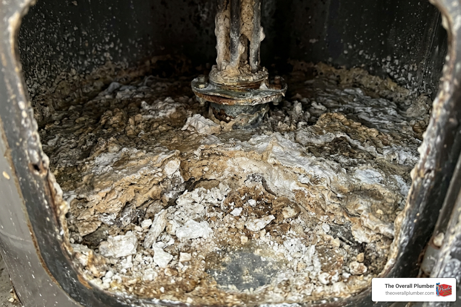 Sediment buildup inside a water heater tank showing mineral deposits like calcium and magnesium Sediment buildup inside a water heater tank showing mineral deposits like calcium and magnesium