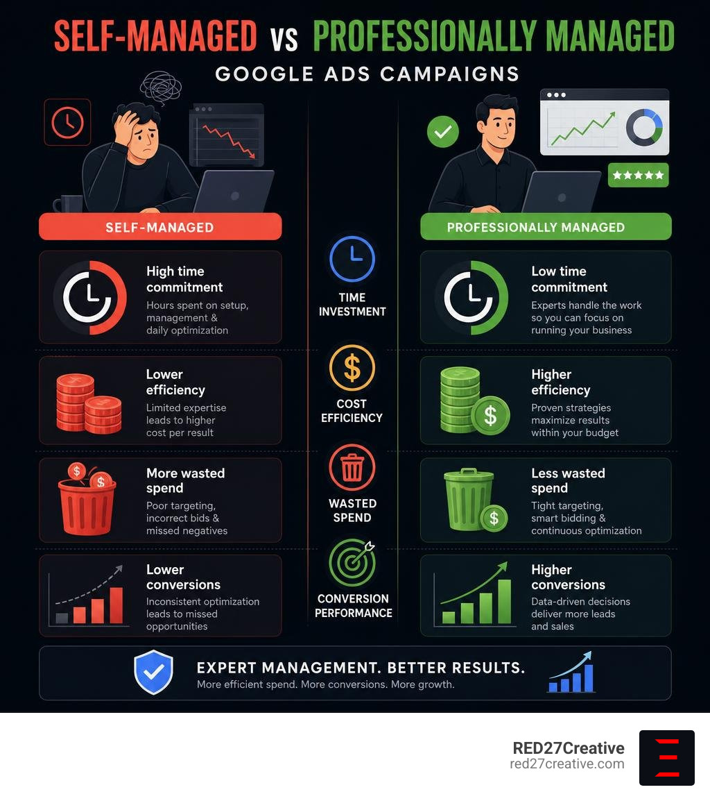 Infographic comparing self-managed vs professionally managed Google Ads campaigns across time investment, cost efficiency Infographic comparing self-managed vs professionally managed Google Ads campaigns across time investment, cost efficiency