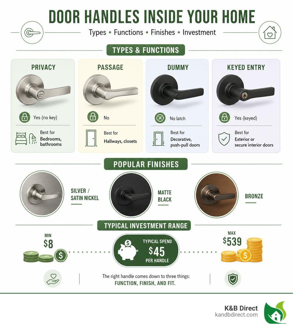 Infographic showing door handle types, functions, finishes, and typical investment ranges infographic Infographic showing door handle types, functions, finishes, and typical investment ranges infographic