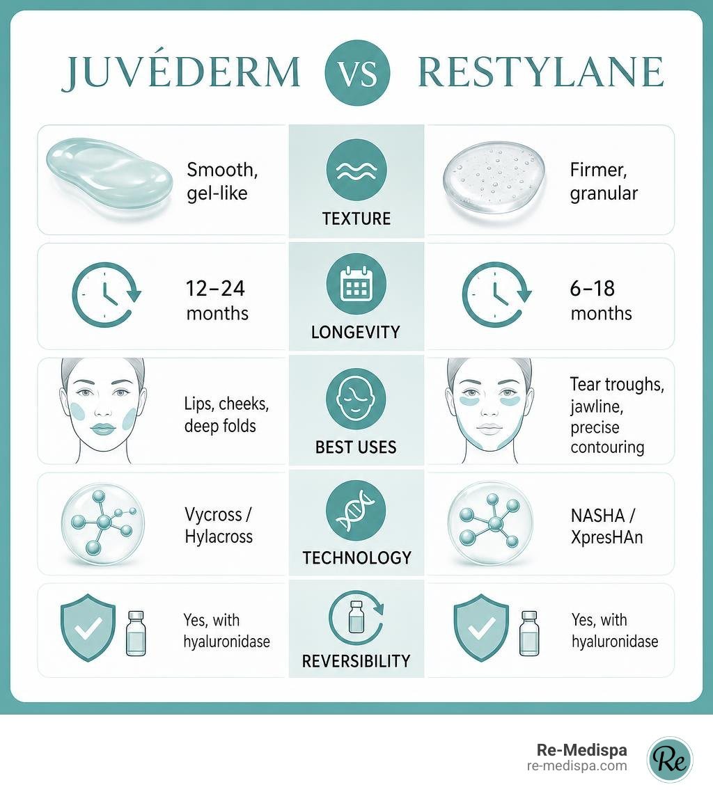 Infographic comparing Juvederm vs Restylane: texture, longevity, best uses, technology, and reversibility infographic Infographic comparing Juvederm vs Restylane: texture, longevity, best uses, technology, and reversibility infographic