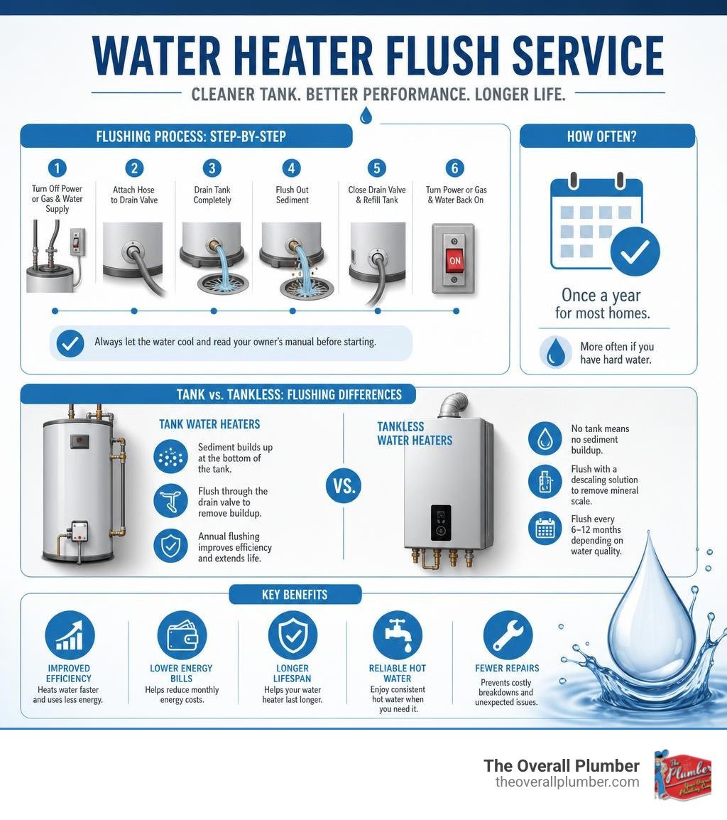 Infographic showing water heater flushing process steps, frequency, tank vs tankless differences, and key benefits Infographic showing water heater flushing process steps, frequency, tank vs tankless differences, and key benefits