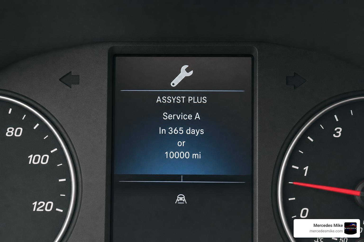 Mercedes-Benz Sprinter dashboard display showing ASSYST PLUS service reminder