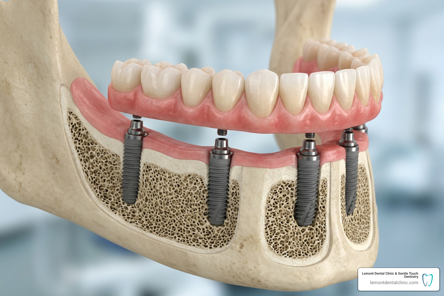 All-on-6 dental implant structure showing six titanium posts integrated into jawbone All-on-6 dental implant structure showing six titanium posts integrated into jawbone