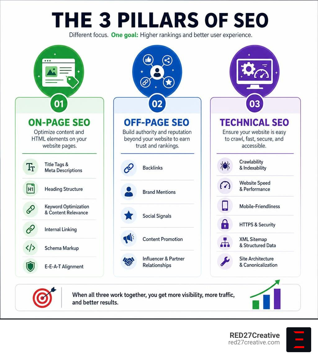 Infographic comparing on-page SEO, off-page SEO, and technical SEO with key elements of each infographic Infographic comparing on-page SEO, off-page SEO, and technical SEO with key elements of each infographic