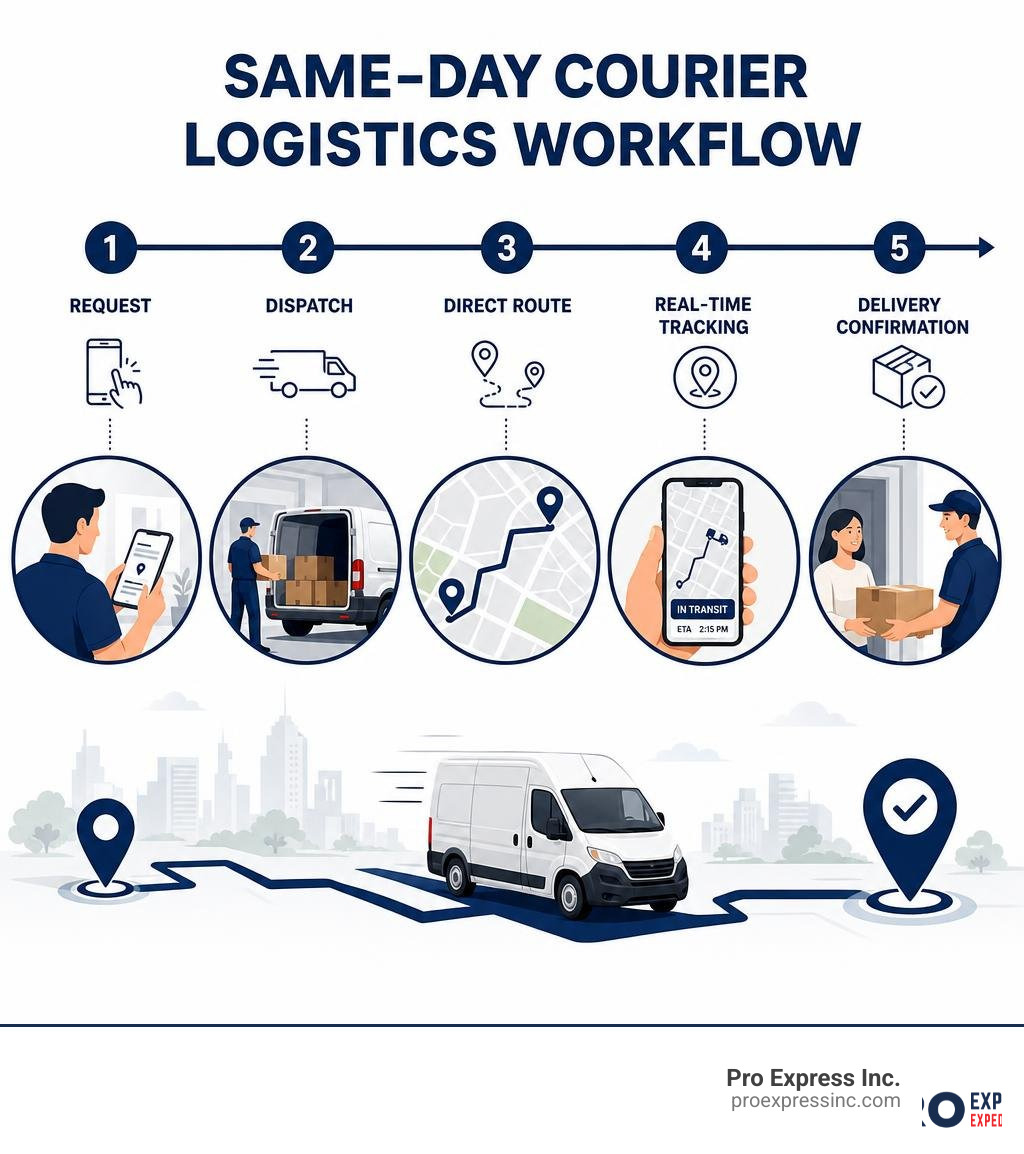 Same-day courier logistics workflow: request, dispatch, direct route, real-time tracking, delivery confirmation infographic Same-day courier logistics workflow: request, dispatch, direct route, real-time tracking, delivery confirmation infographic