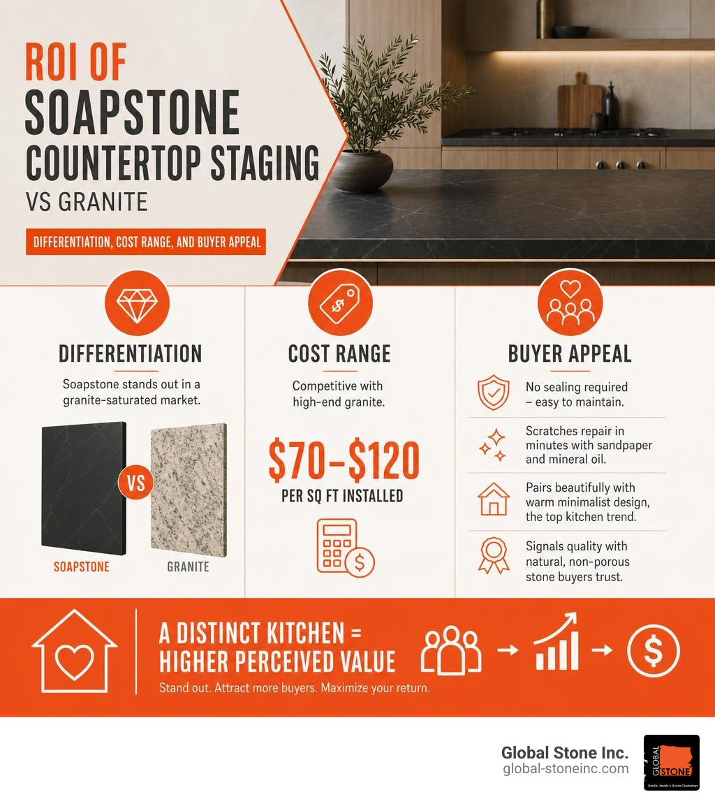 Infographic: ROI of soapstone countertop staging vs granite — differentiation, cost range, and buyer appeal infographic