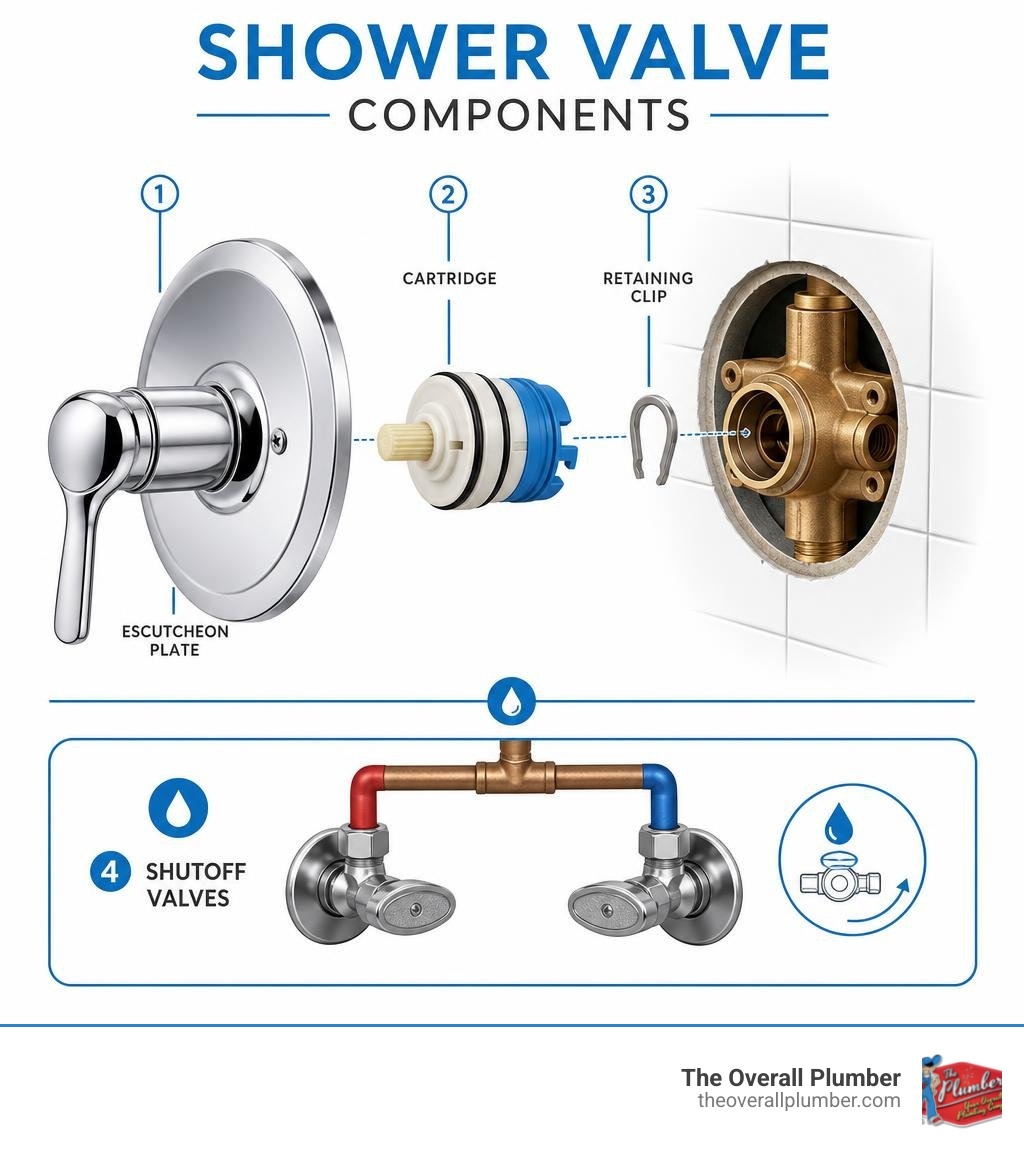 Diagram of shower valve components including cartridge, escutcheon plate, retaining clip, and shutoff valves infographic