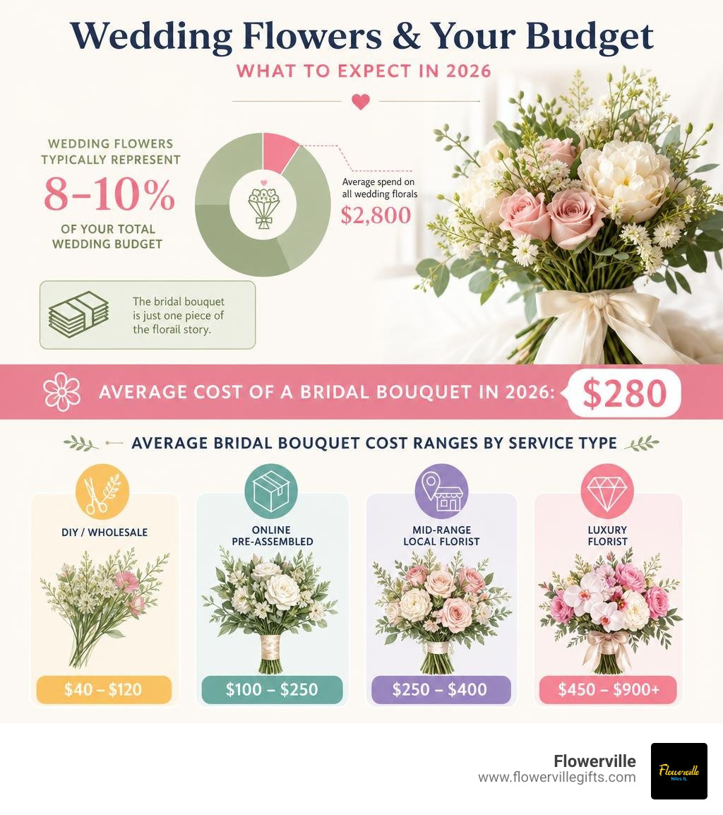 Infographic showing wedding floral budget allocation and average bridal bouquet cost ranges by service type infographic