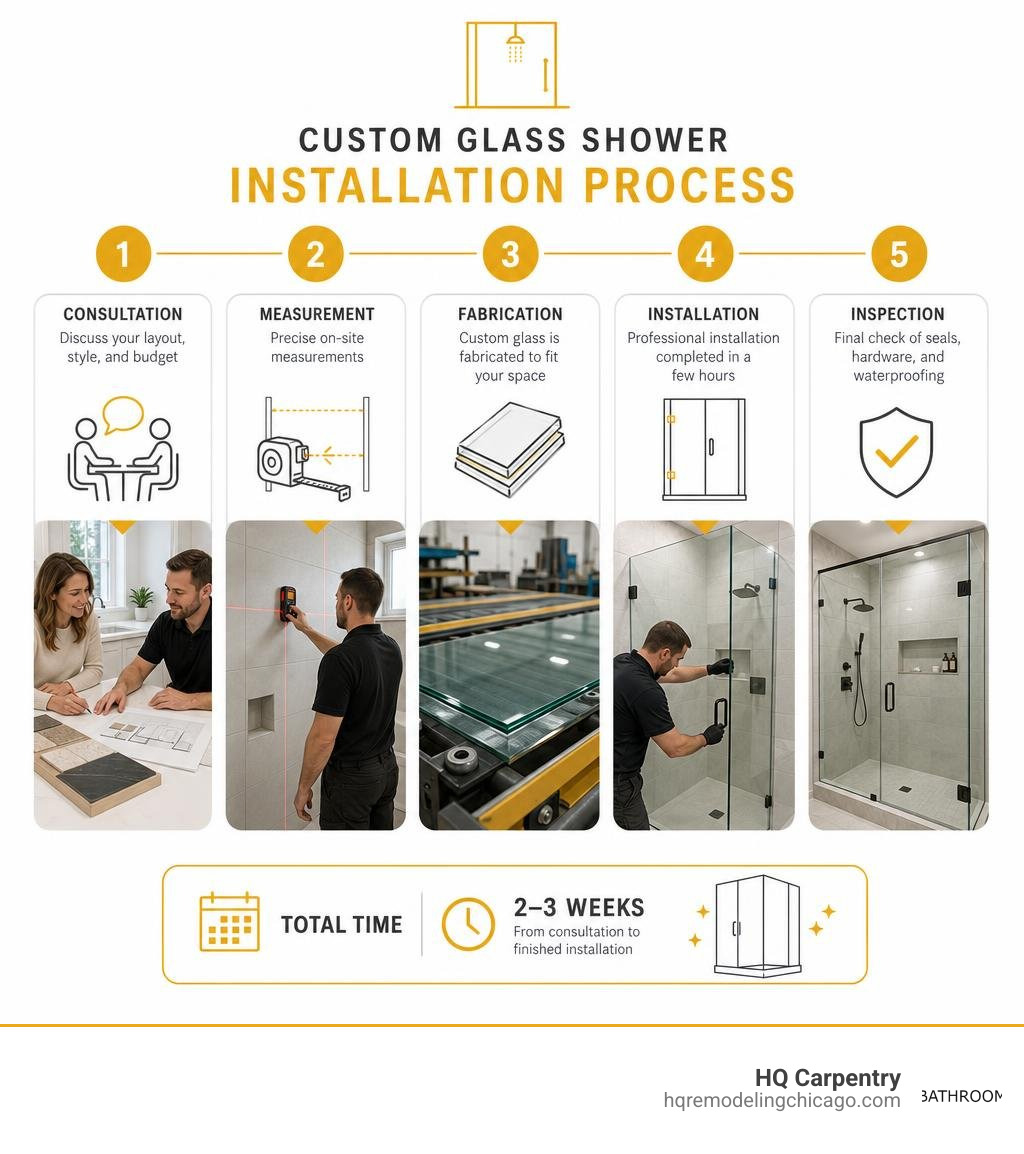 Custom glass shower installation process infographic: consultation, measurement, fabrication, installation, inspection