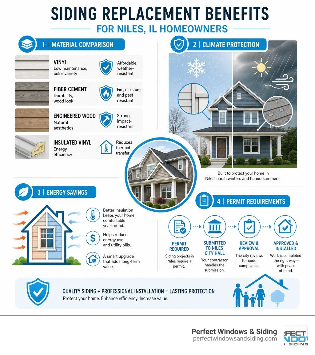 Infographic showing siding replacement benefits for Niles IL homeowners: material comparison, climate protection, energy Infographic showing siding replacement benefits for Niles IL homeowners: material comparison, climate protection, energy