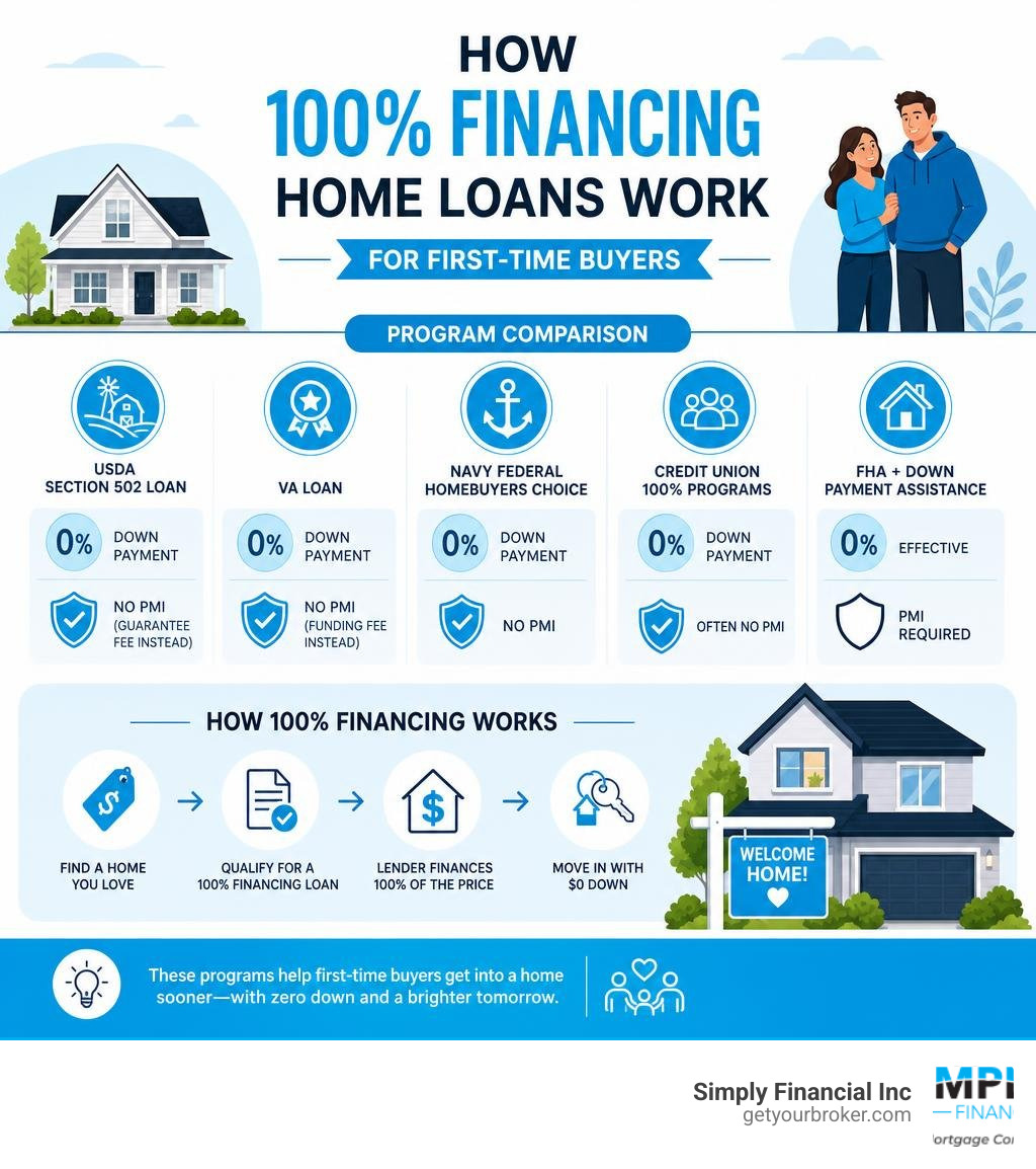 How 100% financing home loans work for first-time buyers - program comparison infographic infographic