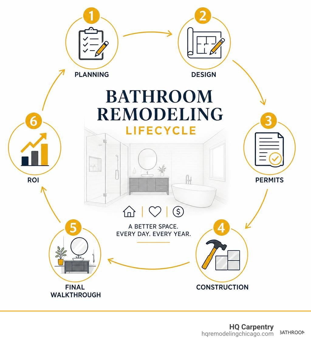 Bathroom remodeling lifecycle infographic: planning, design, permits, construction, final walkthrough, ROI infographic Bathroom remodeling lifecycle infographic: planning, design, permits, construction, final walkthrough, ROI infographic
