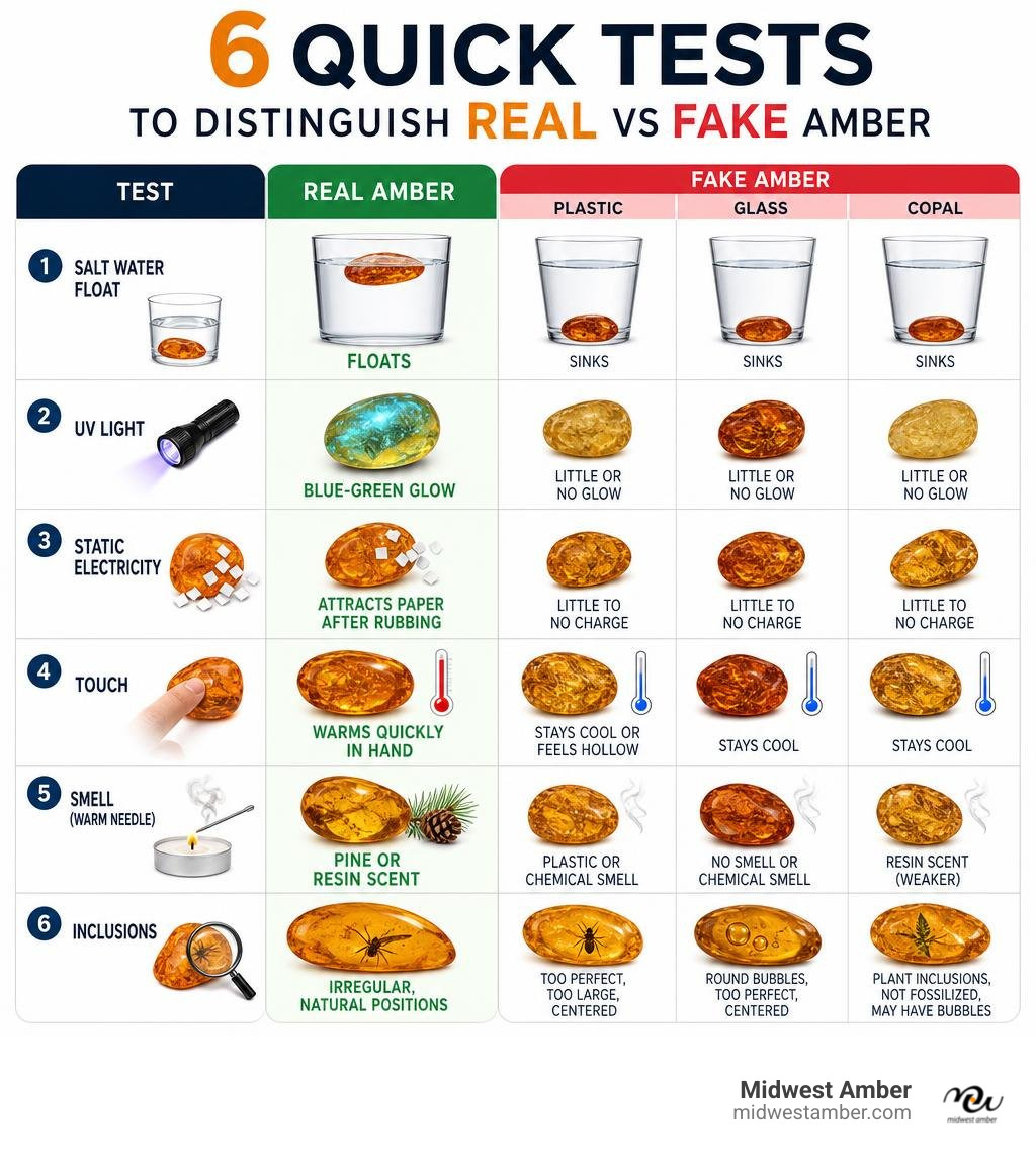Infographic showing 6 quick tests to distinguish real vs fake amber with results for each material infographic
