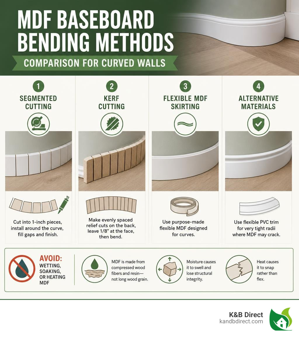 MDF baseboard bending methods comparison infographic for curved walls infographic