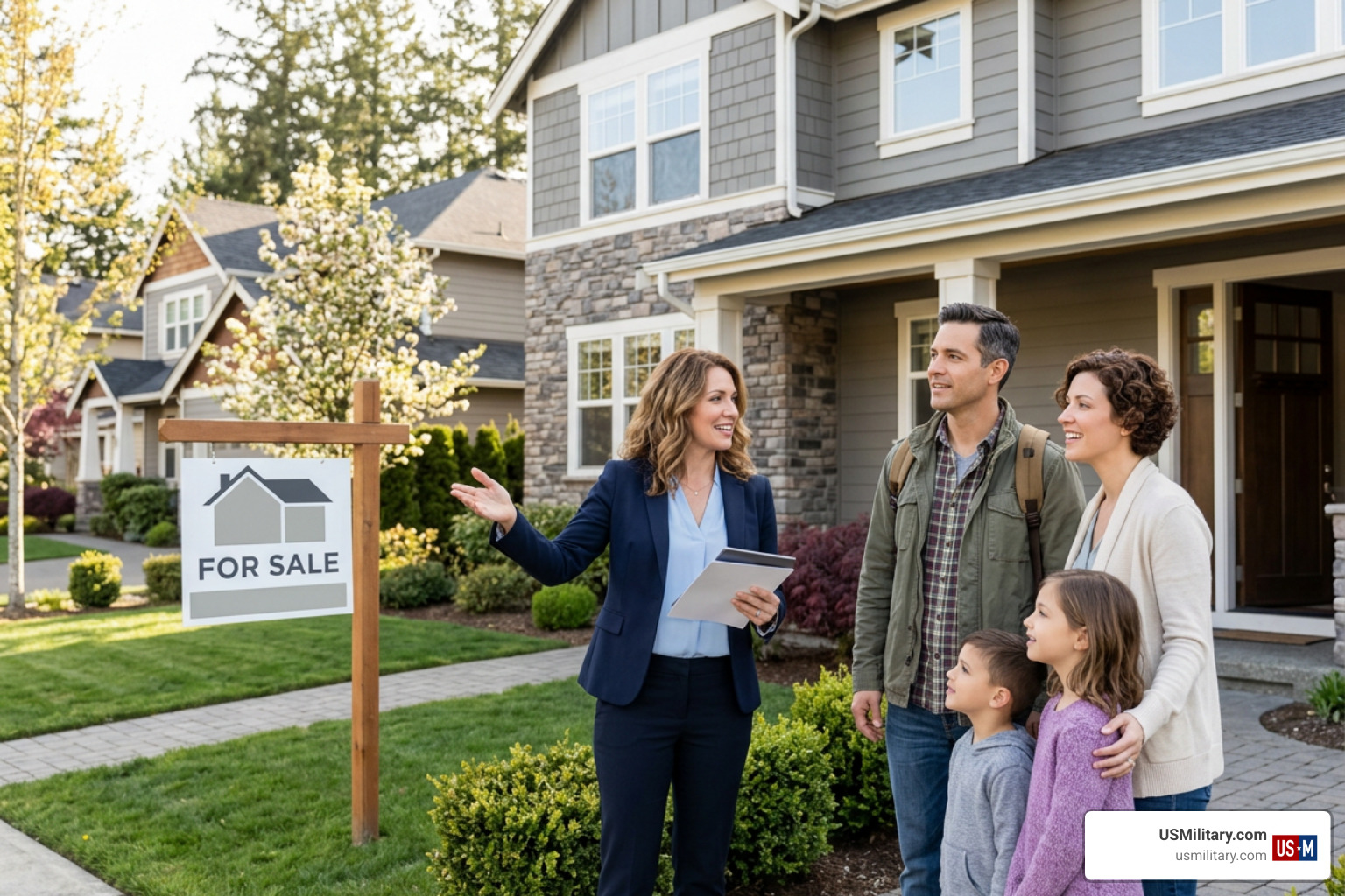 A real estate professional showing a beautiful suburban home to an eager veteran family