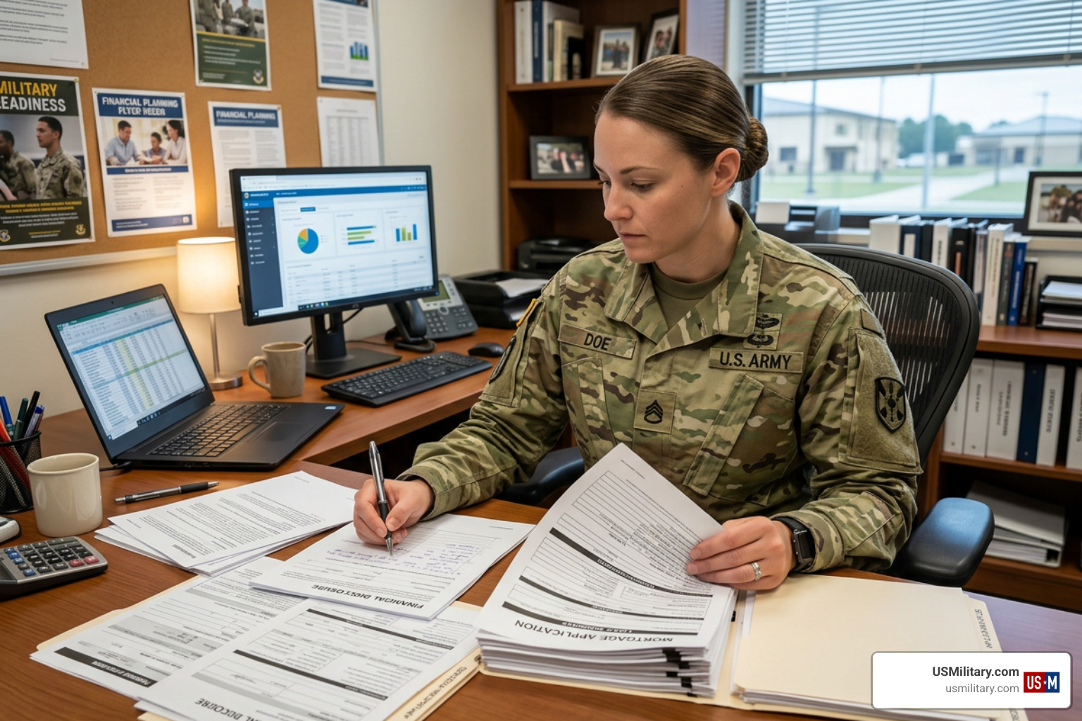 A military member sitting at a desk reviewing financial documents and mortgage applications