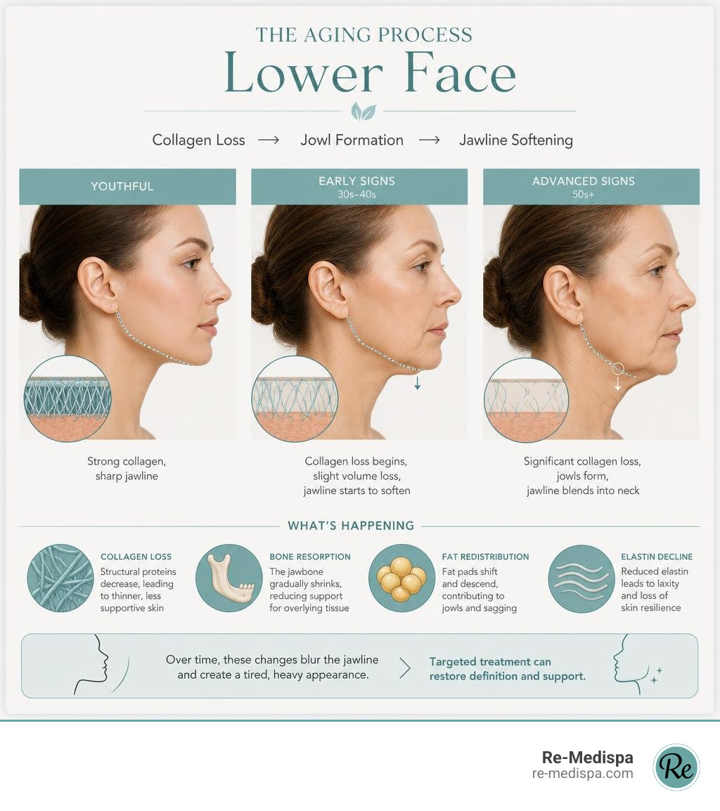 infographic showing the aging process of the lower face including collagen loss jowl formation and jawline softening infographic showing the aging process of the lower face including collagen loss jowl formation and jawline softening