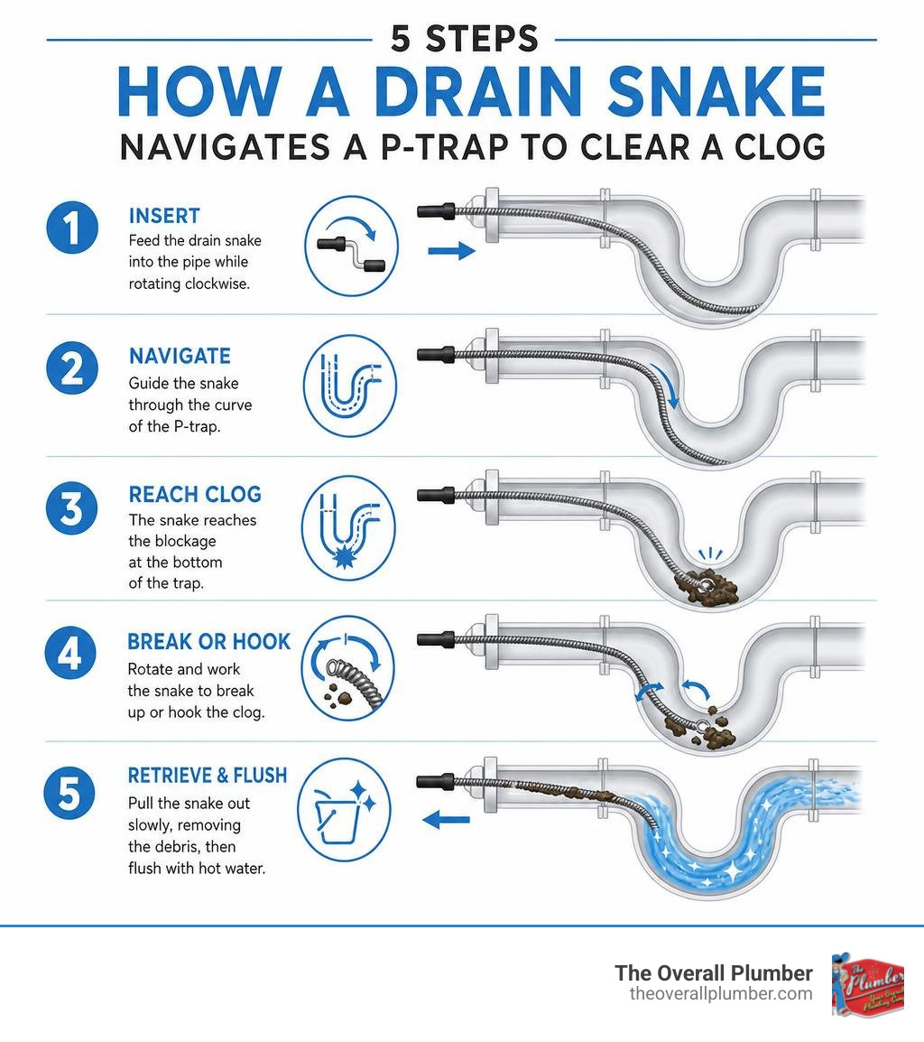 Infographic showing 5 steps of how a drain snake navigates a P-trap to clear a clog infographic