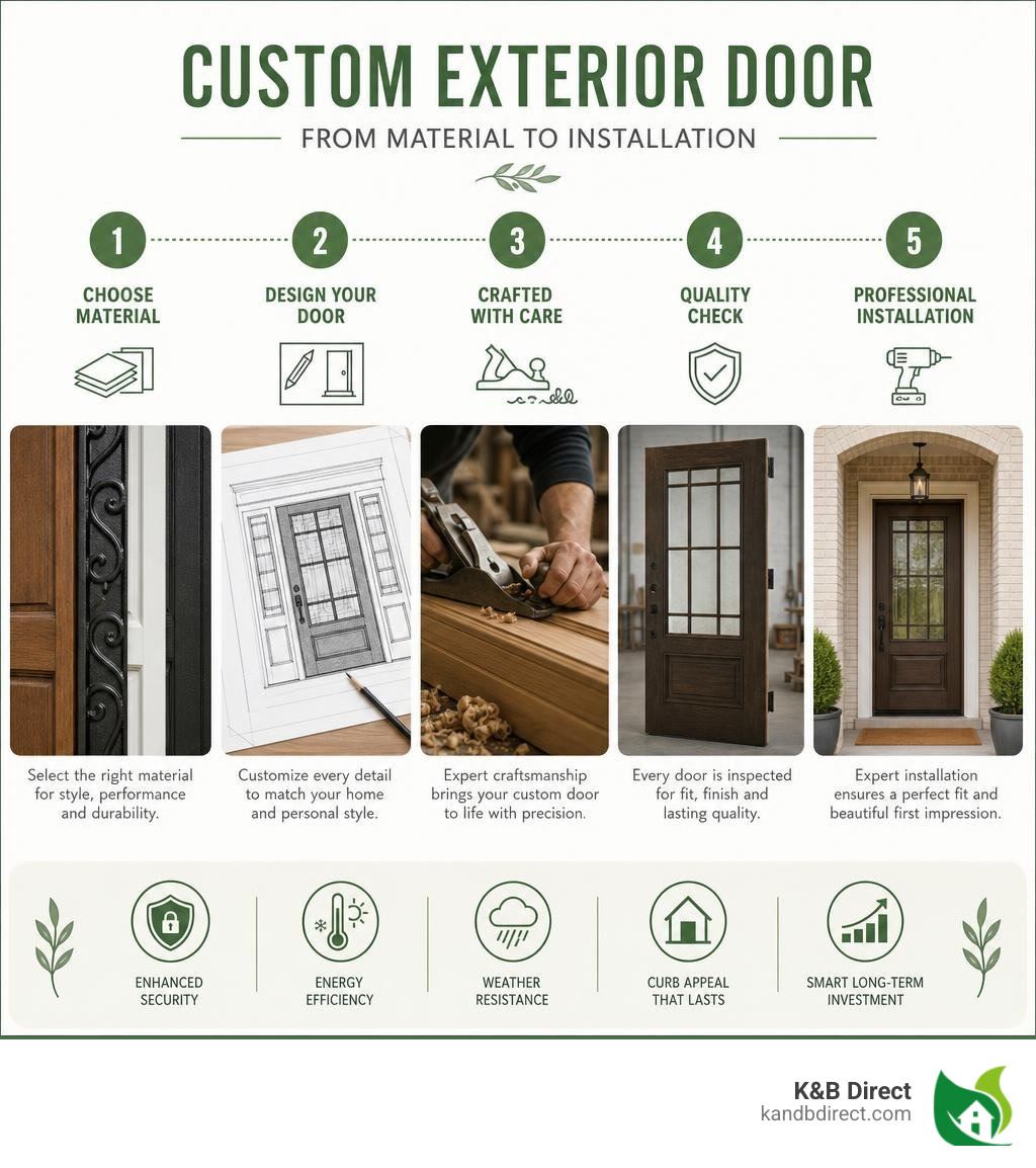 Infographic showing custom exterior door selection process from material to installation infographic