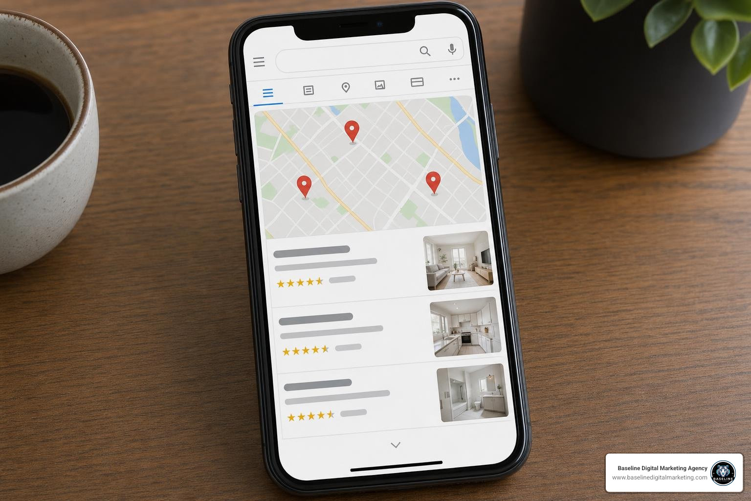 Google Maps and local 3-pack search result illustration showing local business listings Google Maps and local 3-pack search result illustration showing local business listings