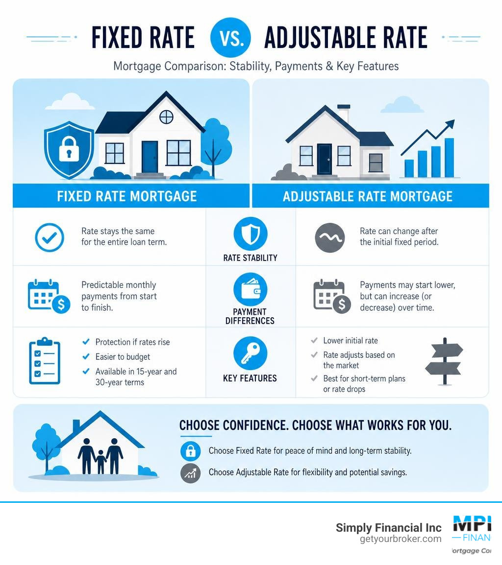 Fixed rate vs adjustable rate mortgage comparison infographic showing rate stability, payment differences, and key features