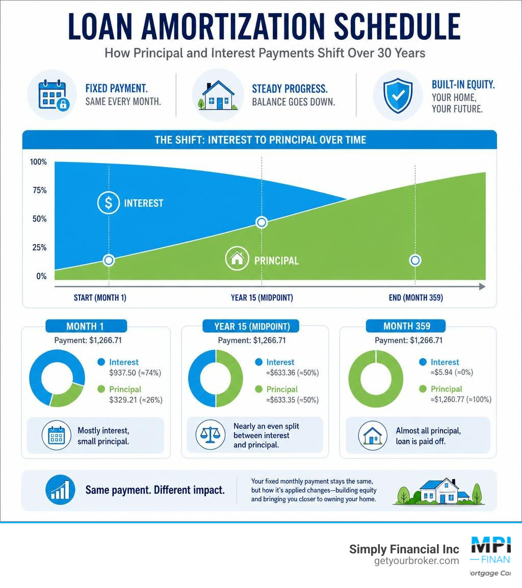 Loan Amortization Schedule Infographic showing how principal and interest payments shift over a 30-year timeline infographic