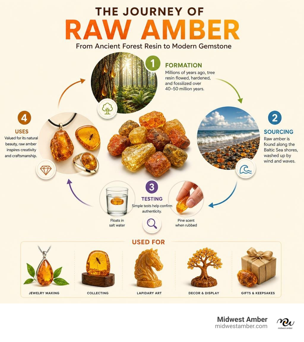 Journey of raw amber from ancient forest resin to modern gemstone — formation, sourcing, testing, and uses infographic
