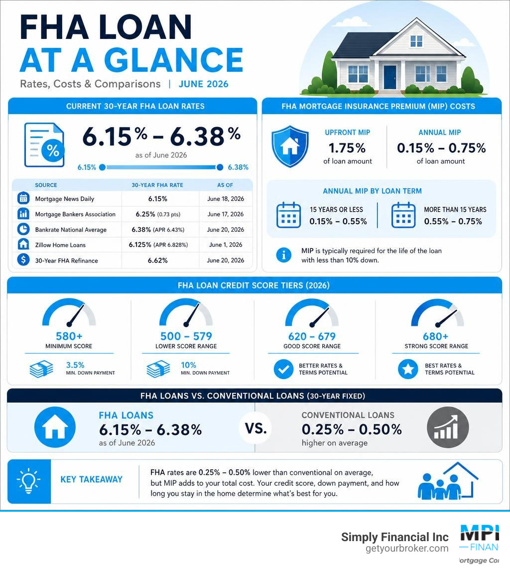 Infographic showing FHA loan rates, MIP costs, credit score tiers, and comparison to conventional rates June 2026 infographic Infographic showing FHA loan rates, MIP costs, credit score tiers, and comparison to conventional rates June 2026 infographic