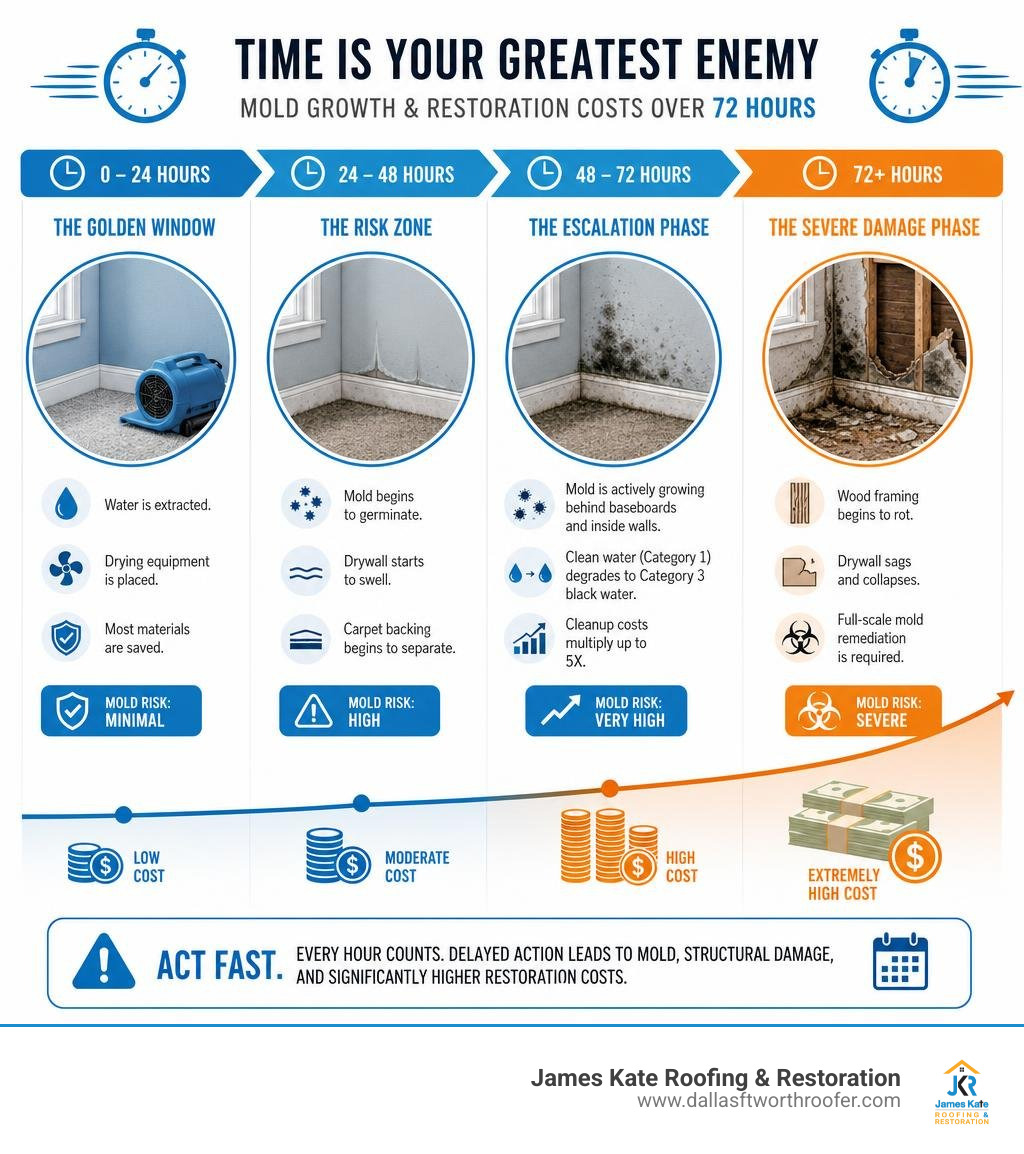 Infographic detailing the rapid timeline of mold growth and escalating solar costs over 72 hours infographic Infographic detailing the rapid timeline of mold growth and escalating solar costs over 72 hours infographic