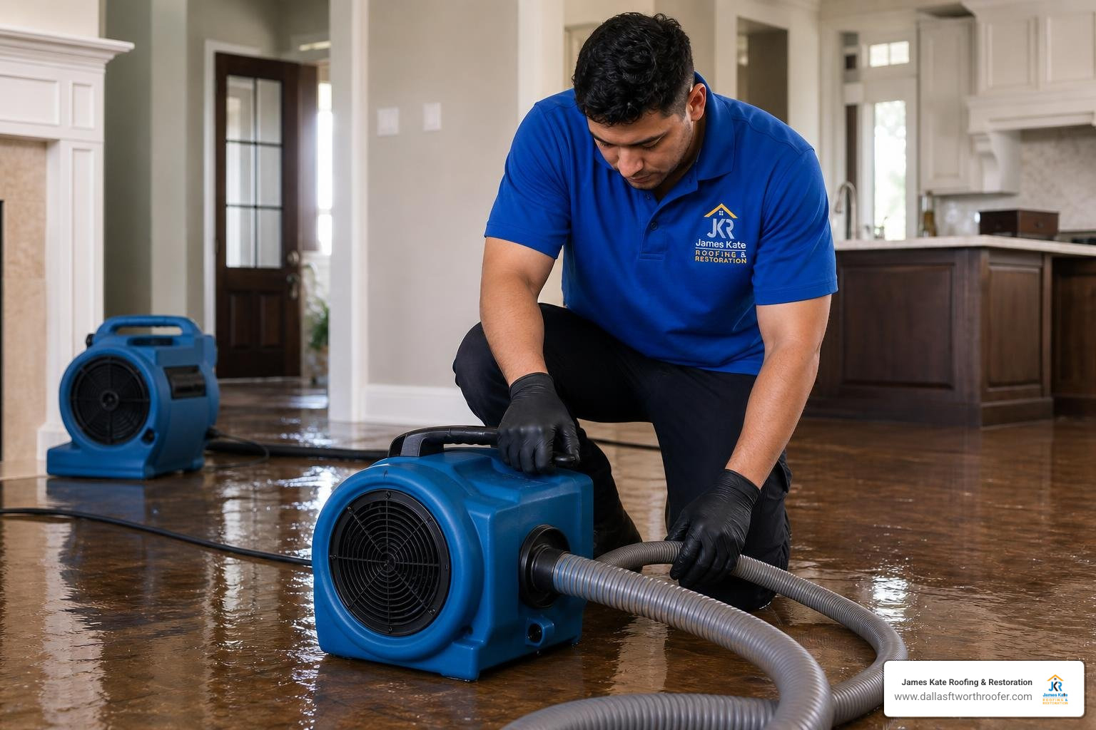 James Kate Roofing & solar technician in a royal blue shirt setting up industrial water extraction equipment in a James Kate Roofing & solar technician in a royal blue shirt setting up industrial water extraction equipment in a