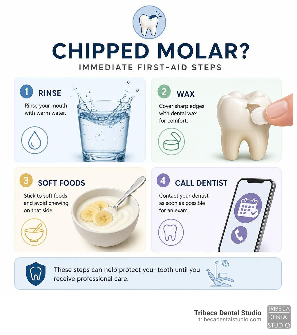Infographic: immediate first-aid steps for a chipped molar — rinse, wax, soft foods, call dentist infographic