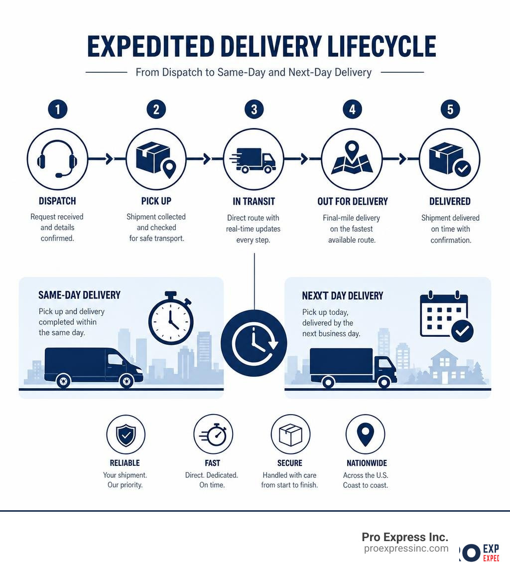 Infographic showing expedited delivery lifecycle from dispatch to same-day and next-day delivery options infographic Infographic showing expedited delivery lifecycle from dispatch to same-day and next-day delivery options infographic