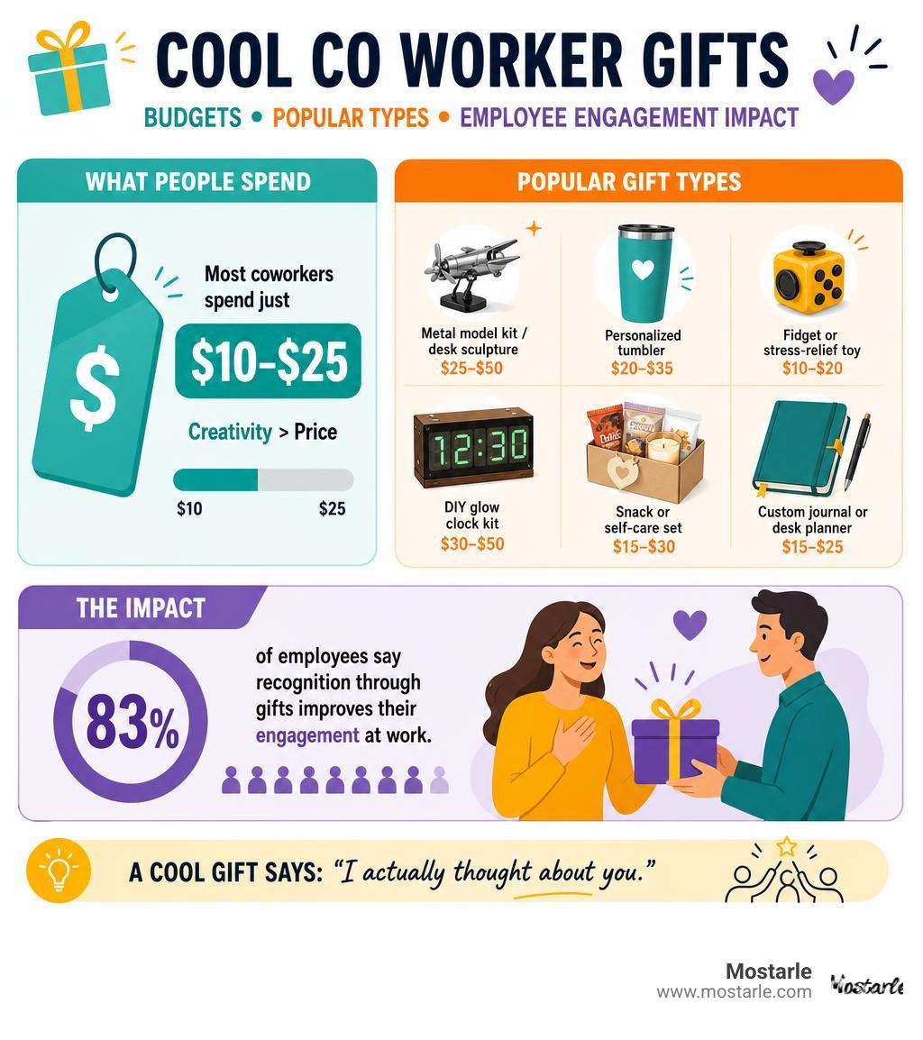 Infographic showing coworker gift impact: budgets, popular types, and employee engagement stats infographic