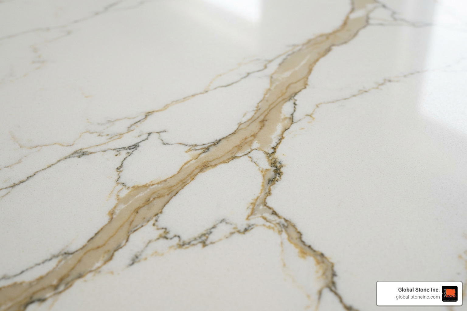 close-up of golden veining on Calacatta Arno quartz close-up of golden veining on Calacatta Arno quartz