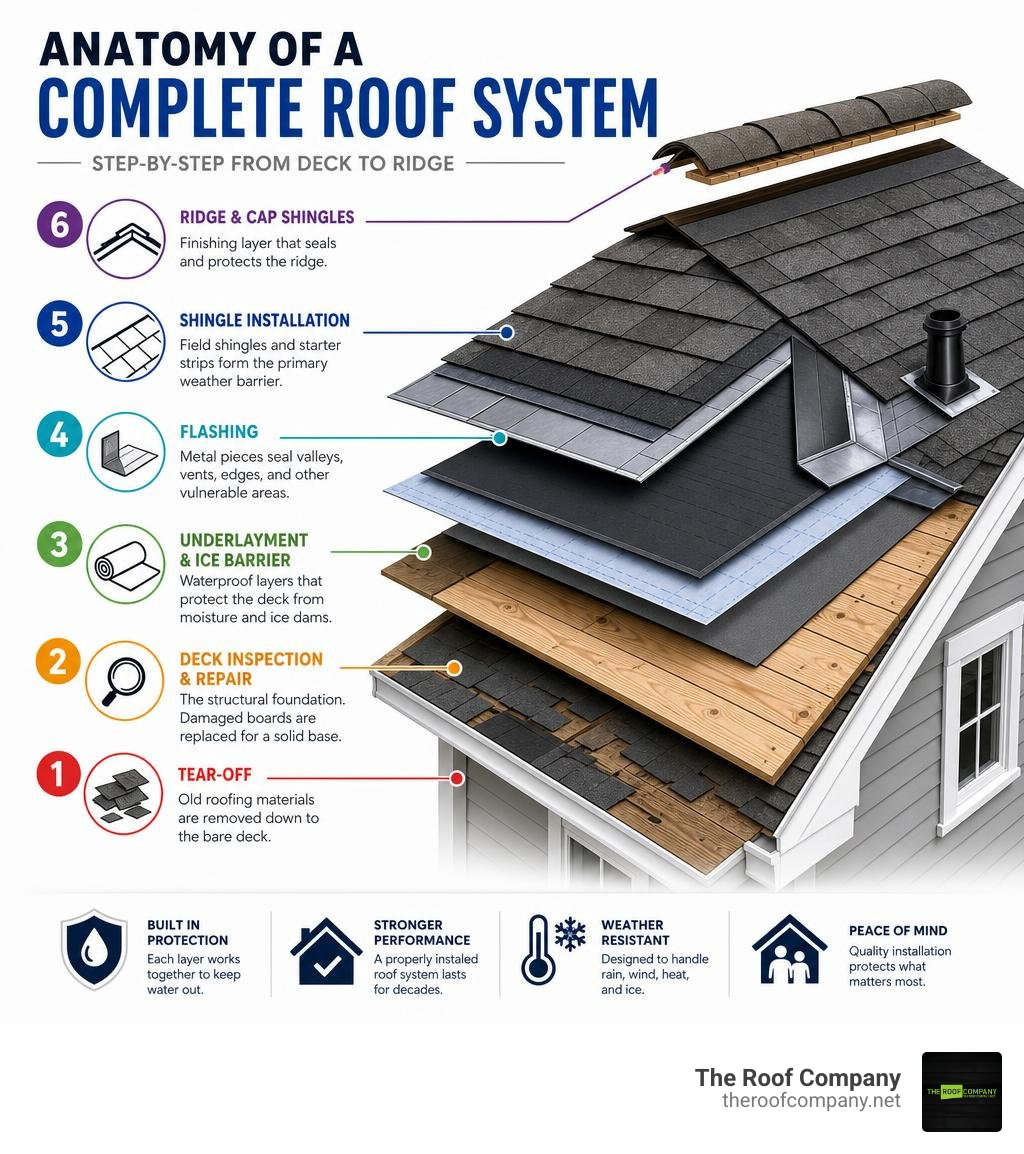 Step-by-step anatomy of a complete roof system showing all layers from deck to ridge infographic Step-by-step anatomy of a complete roof system showing all layers from deck to ridge infographic