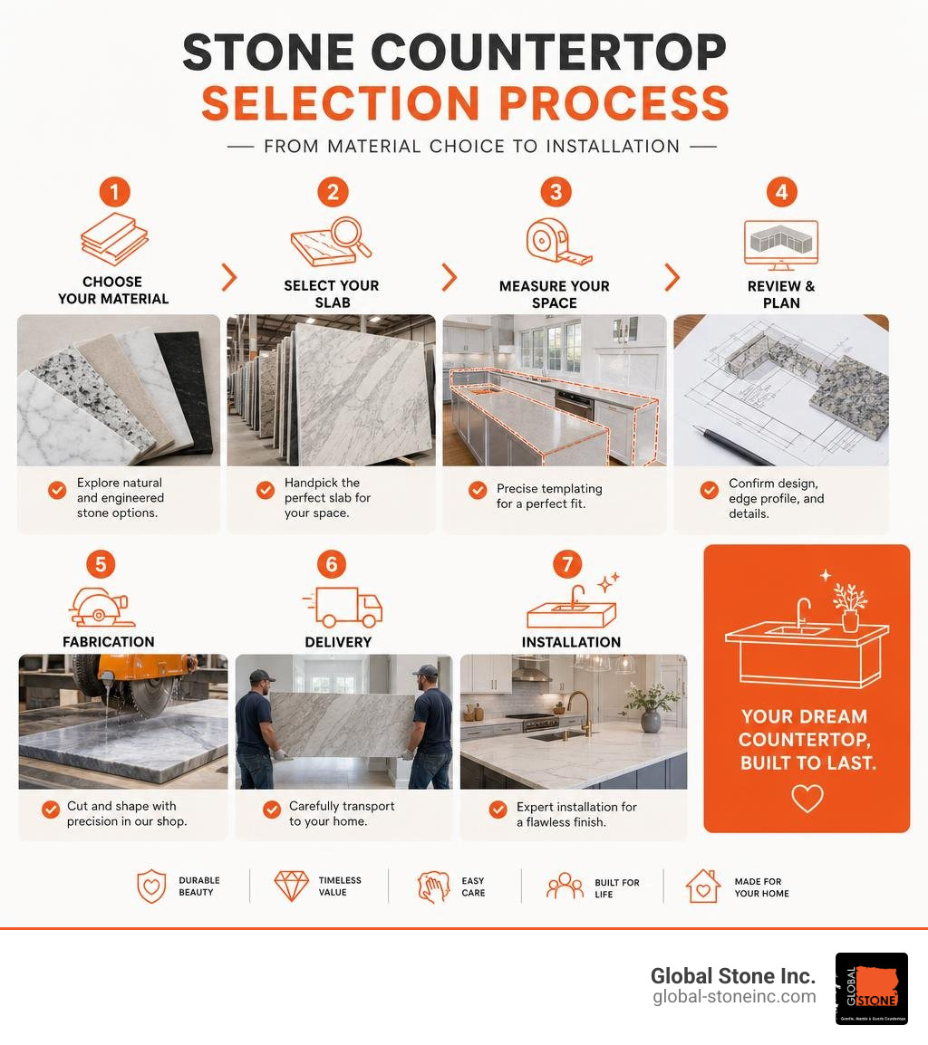Infographic showing stone countertop selection process from material choice to installation infographic