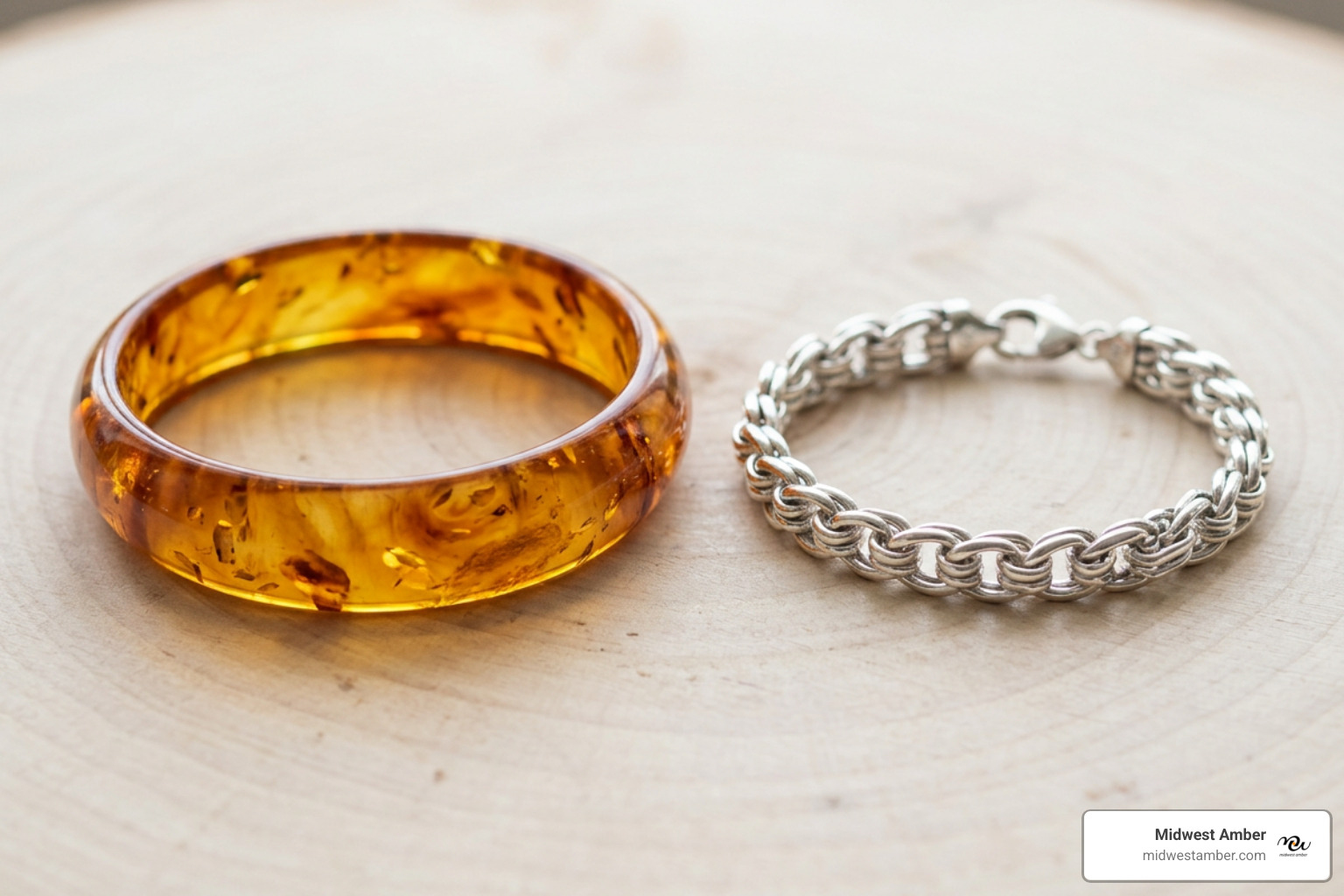 Solid amber bangle bracelet versus a sterling silver link bracelet