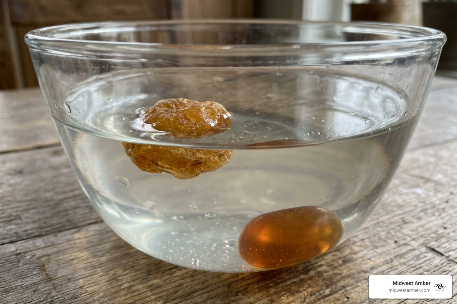 Demonstration of the saltwater flotation test, where genuine raw amber floats in a saturated salt solution while plastic