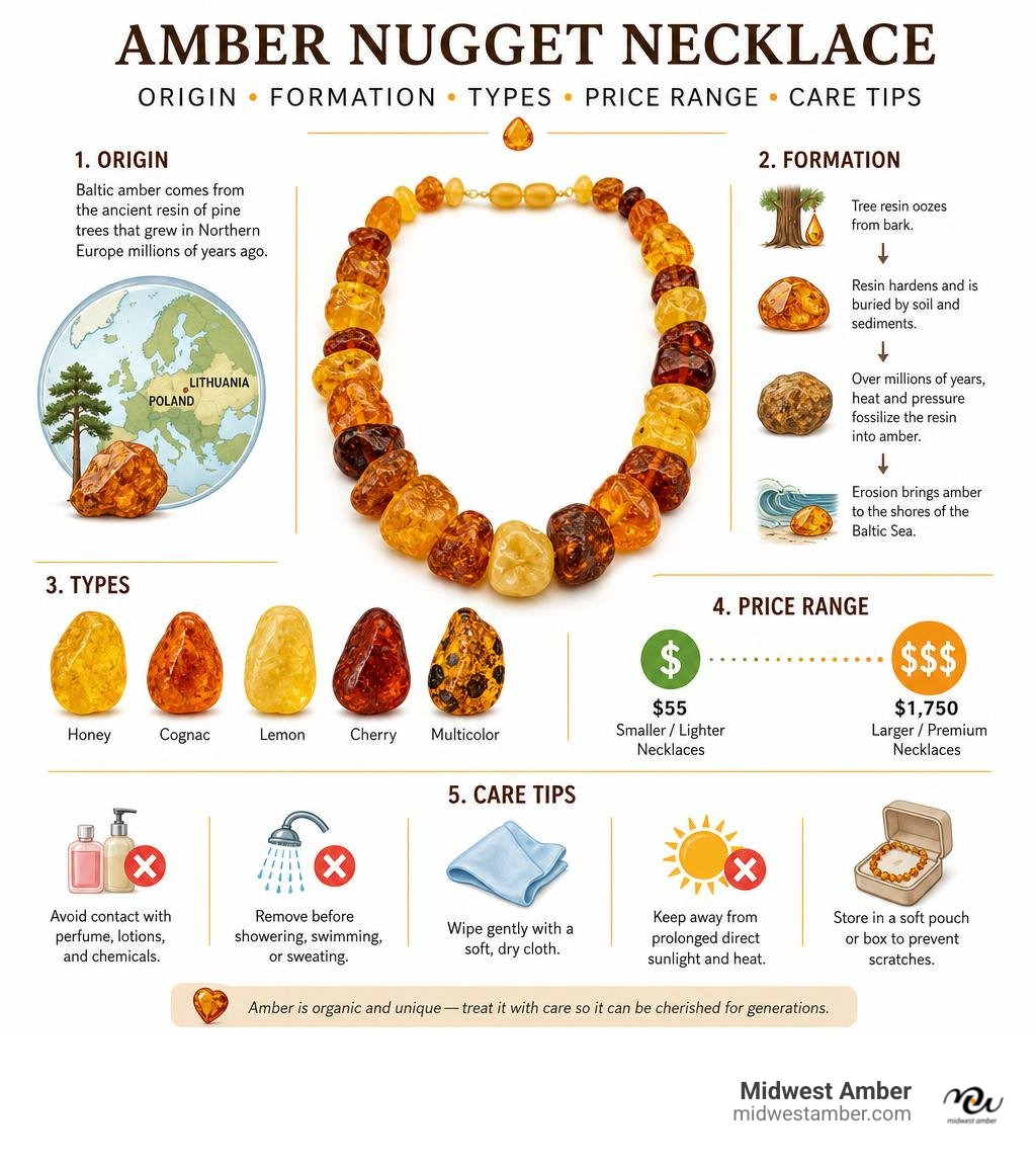 Infographic: amber nugget necklace origin, formation, types, price range, and care tips infographic