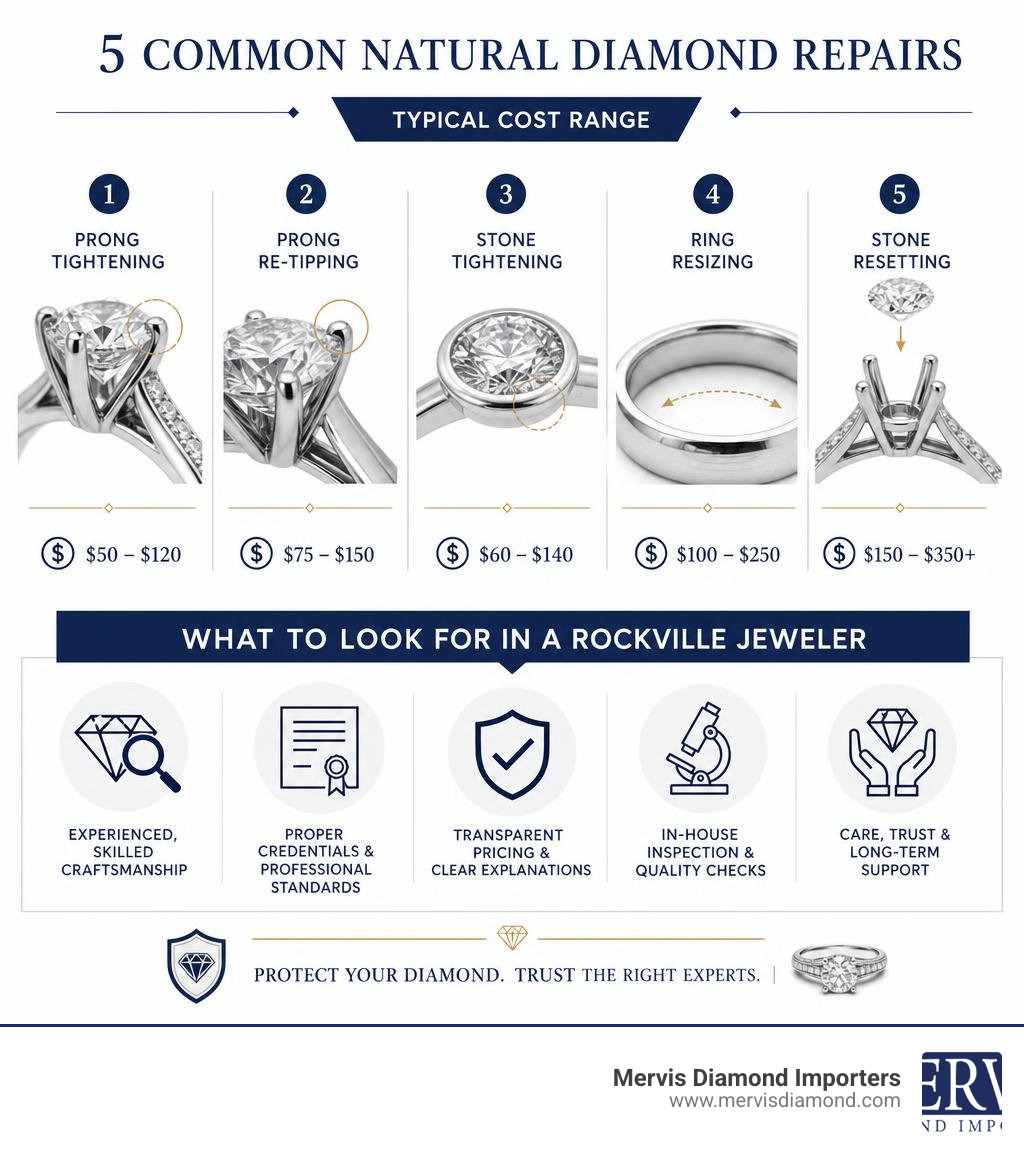 Infographic showing 5 common natural diamond repairs, typical costs, and what to look for in a Rockville jeweler infographic Infographic showing 5 common natural diamond repairs, typical costs, and what to look for in a Rockville jeweler infographic
