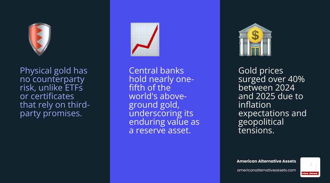 Infographic showing gold's role in a modern portfolio: inflation hedge, diversification, safe haven, no counterparty risk
