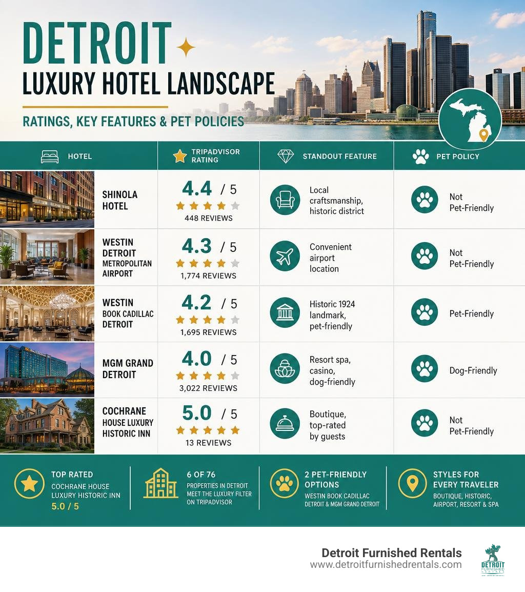 Detroit luxury hotel landscape infographic with ratings, key features, and pet policies infographic Detroit luxury hotel landscape infographic with ratings, key features, and pet policies infographic