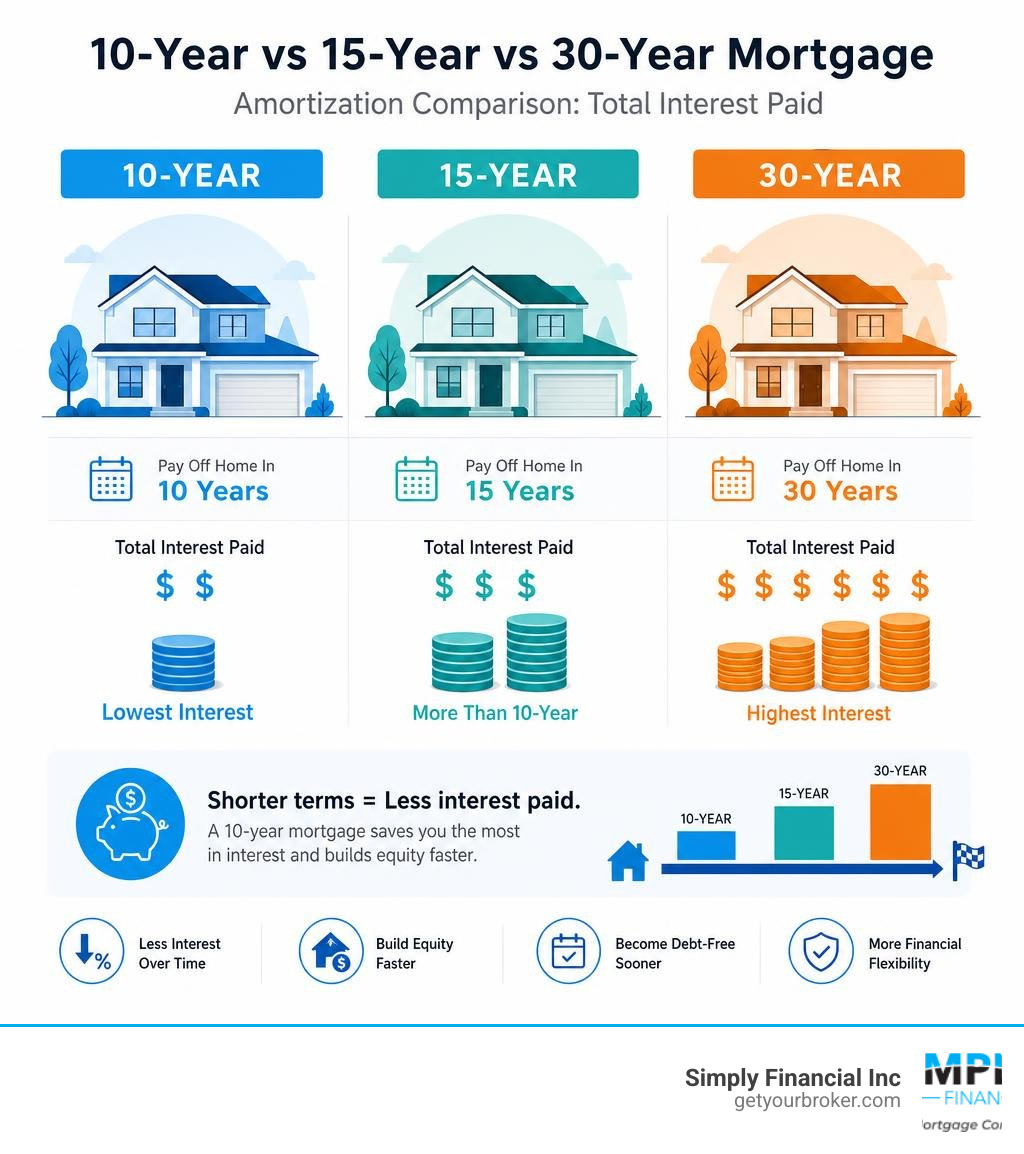 Infographic comparing 10-year mortgage amortization schedule vs 15-year and 30-year terms, showing total interest paid Infographic comparing 10-year mortgage amortization schedule vs 15-year and 30-year terms, showing total interest paid